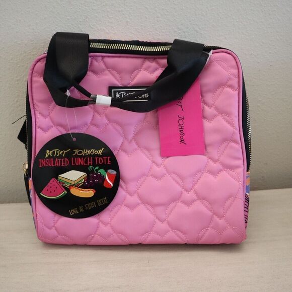 Betsey Johnson TBJ-1286 Pink Multi Heart Insulated Lunch Tote W/Mesh Pouch - Picture 4 of 9